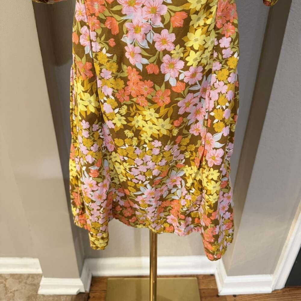 Billabong Women L Floral Mini Dress Square Neck Puff Sleeve Smocked Boho - Picture 4 of 12